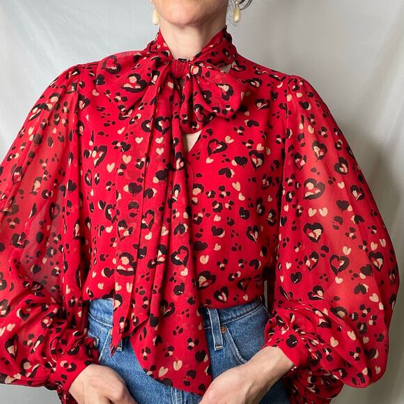 Chico’s heart animal leopard print blouse‎ tie neck bow balloon sleeve red black - Picture 9 of 17